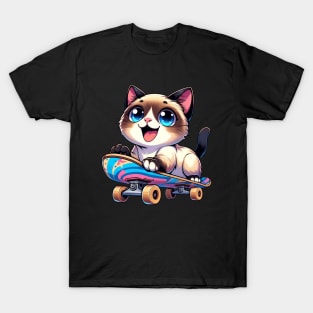 Skateboarding Siamese Kitten Skateboarder Cute Cat T-Shirt